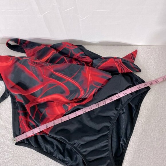 Swan Black Red Smoke Print Front One Piece Bathing Suit Swimsuit M - Picture 13 of 16